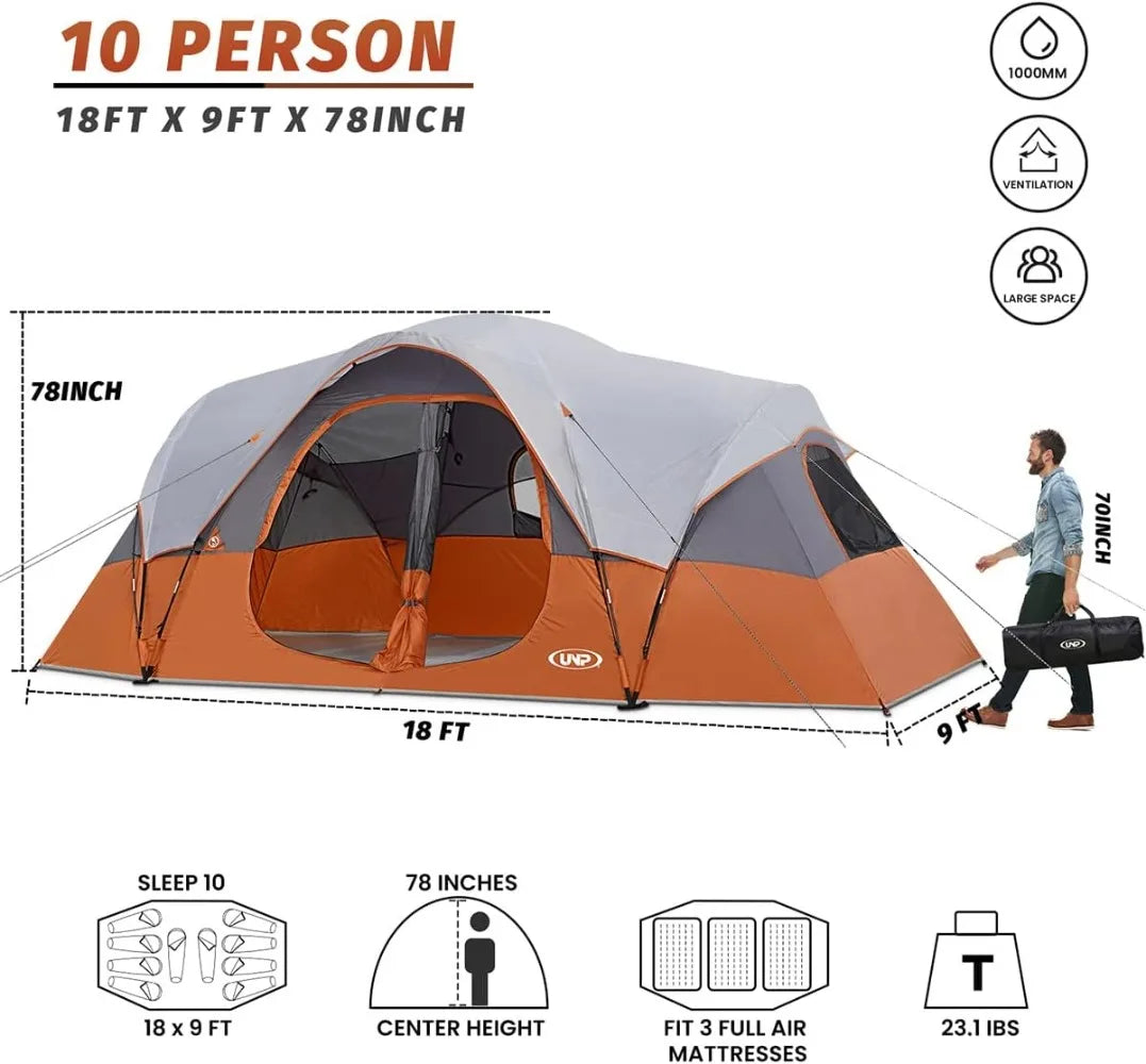 Camping Tent 10-Person-Family ,Festival Tent Big Easy Up 5 Large Mesh Windows Double Layer 2 Room