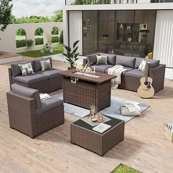 8 Piece Patio Furniture Set 44” Fire Pit Table Wicker Rattan Outdoor Sectional Sofa, Coffee Table