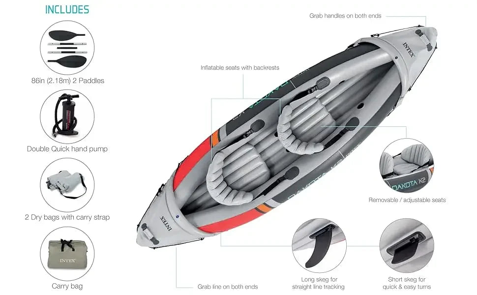 2 Person Inflatable Kayak, Accessory Kit, 86Inch Oars,Air Pump, Carry Bag