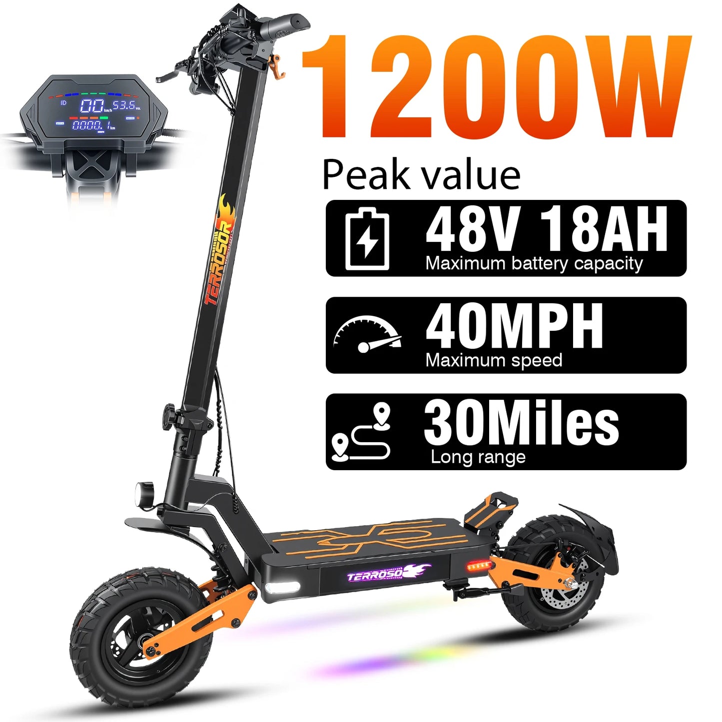 E-Scooter, Adult, 1200W Motor, Folding ,Up to 40Mph & 30 Mile range, 11" Off Road Tire Dual Suspense