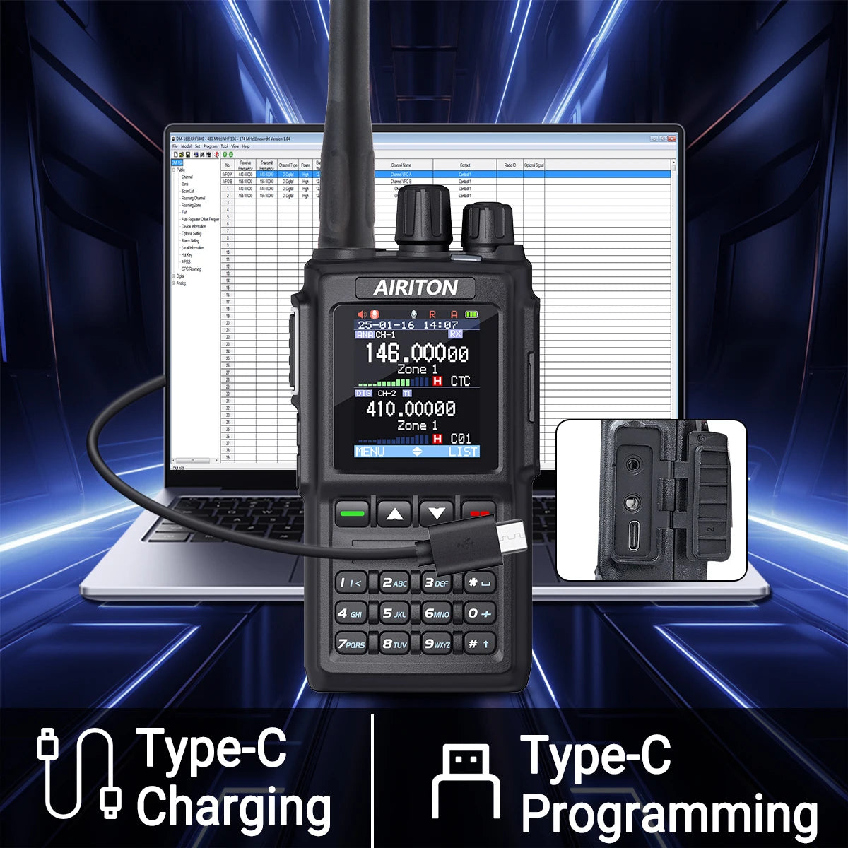 DM-168 Walkie Talkie AES256 Encryption DMR Digital/ Analog Dual Band FM, AT-D168UV USB-C charging