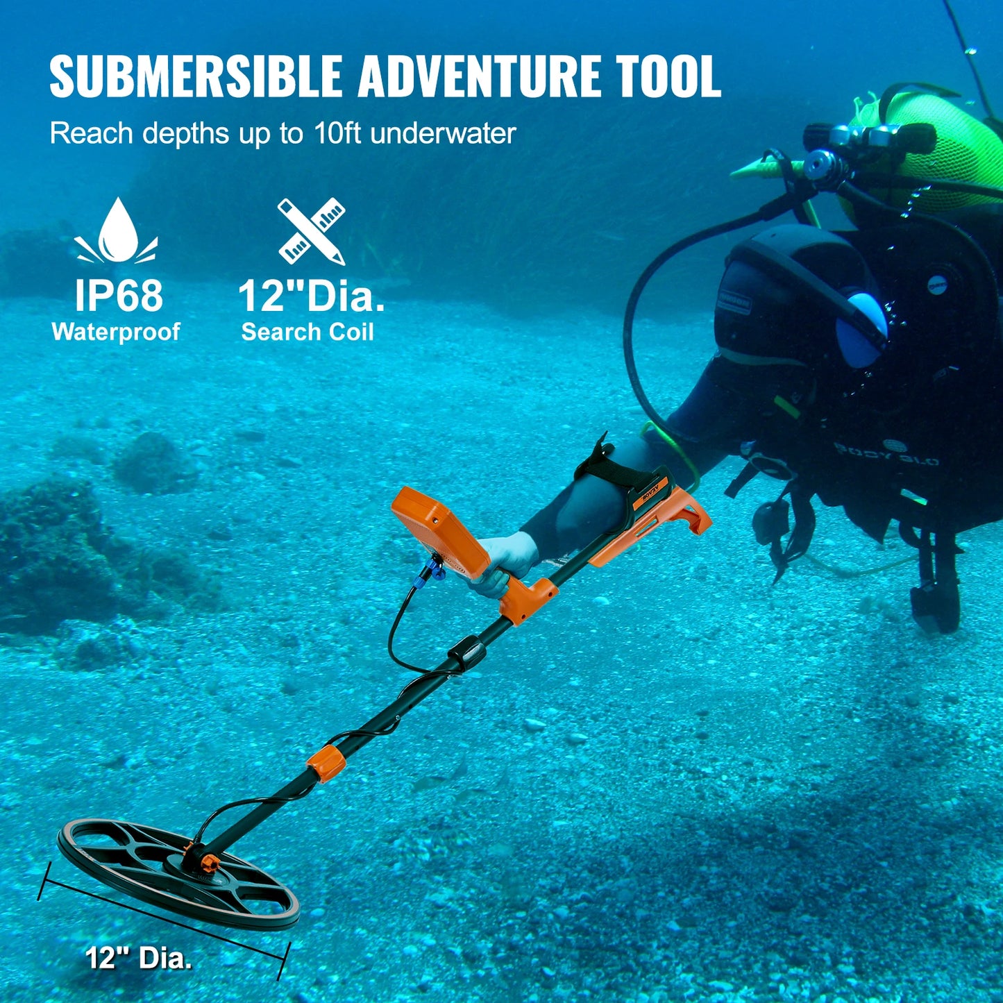 Professional Rechargeable Metal Detector 12" IP68 Waterproof Coil 39-50 in Adjustable LCD 7Modes