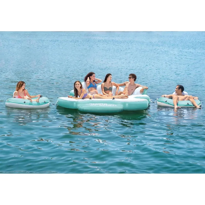 Laguna Splash Island Floating Water Raft, 2 Detachable Solo Lounge Tubes, Built-in Cupholders, Blue
