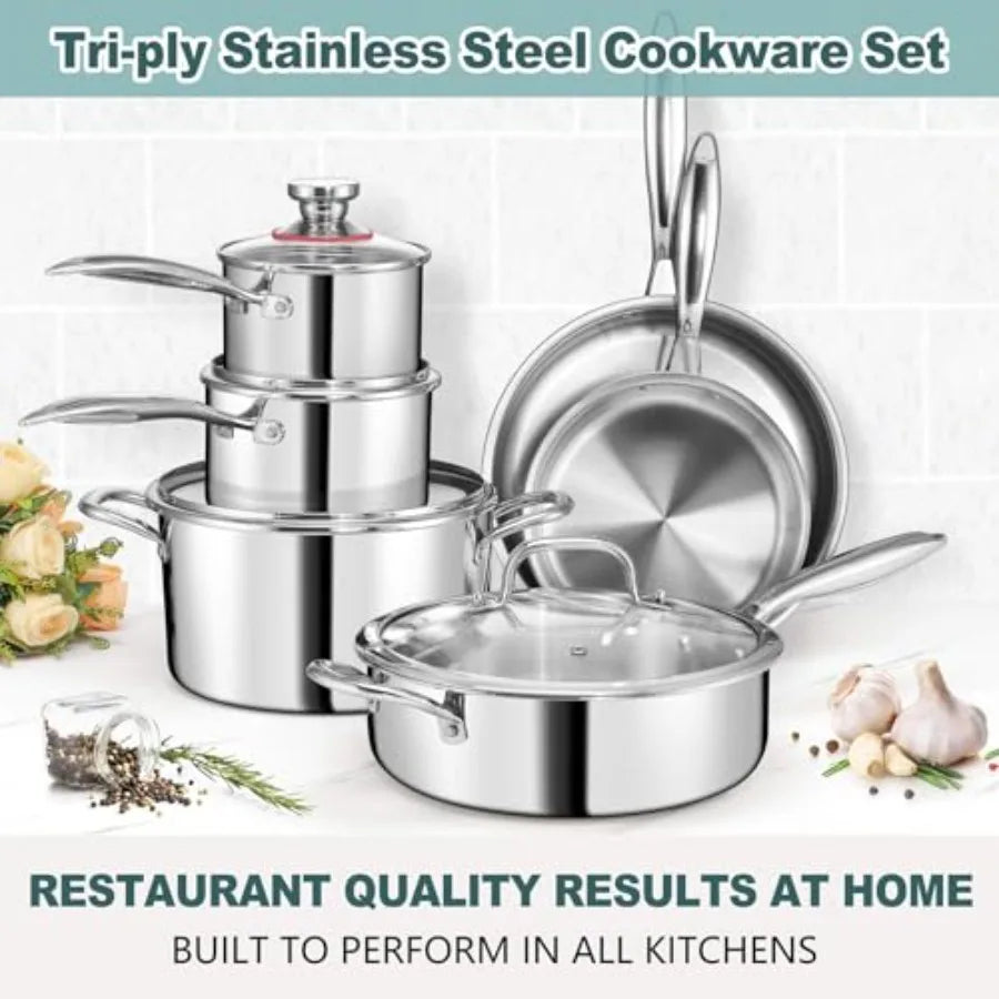 3Ply Stainless Steel Pots,Pans,10 Pcs Stainless Cookware Kitchen Induction Nontoxic Kitchen Cooking