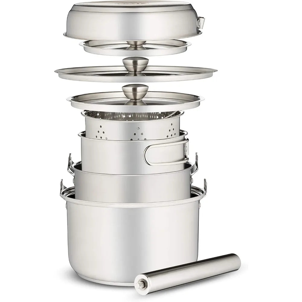 Camping Cookware 304 stainless steel 8-piece pot and pan kit | Skillet steamer,travel bag