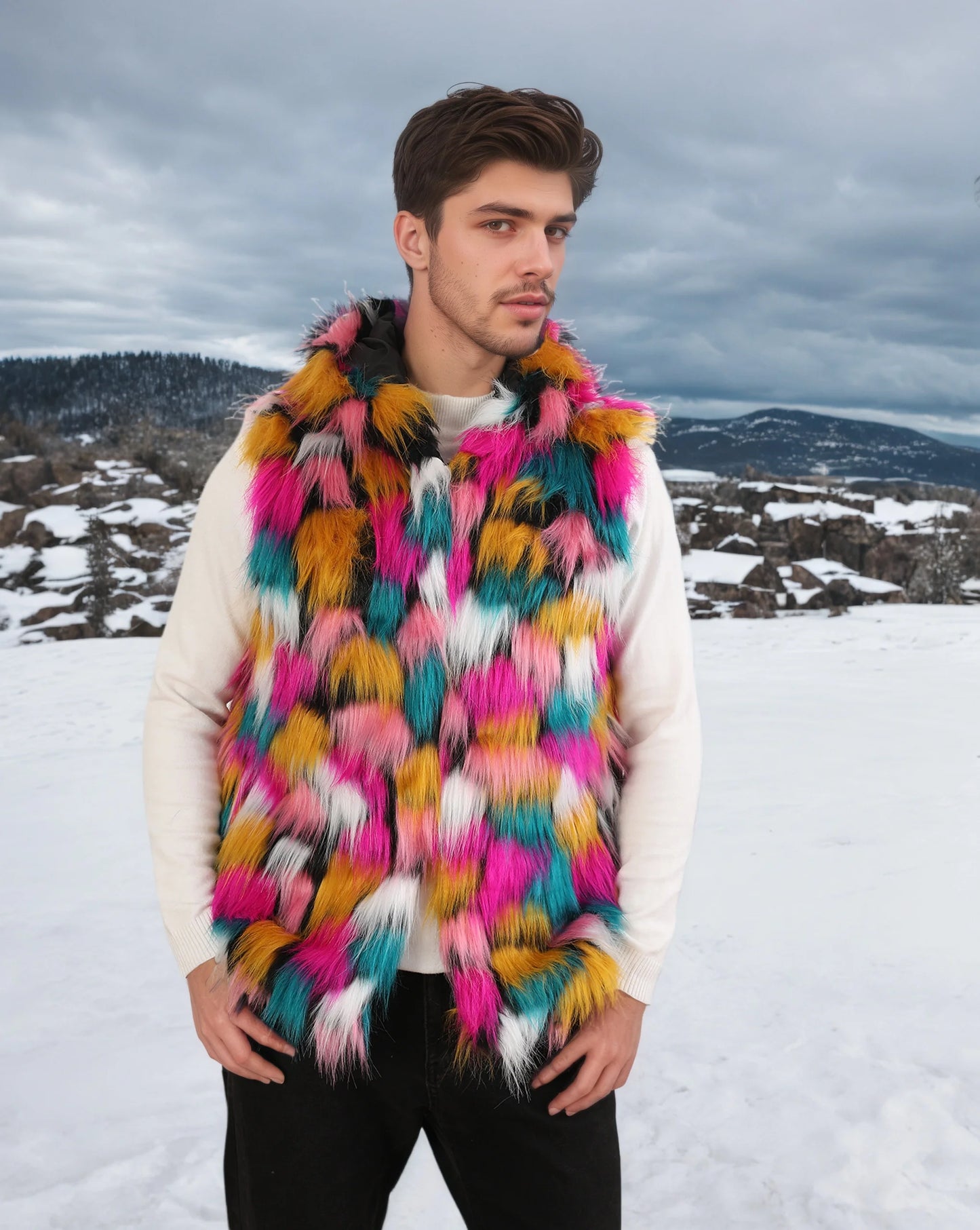 Men`s Luxury Faux Fur Hoodie Vest Long Coat Sleeveless Fluffy Warm Plush Overcoat,Pockets &Hood