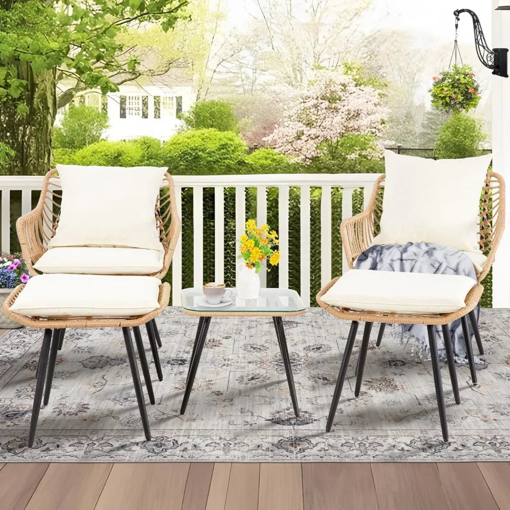 5 Piece Patio Bistro Set, Ottoman, Outdoor Wicker Balcony Rattan Table and Chairs Set of 2