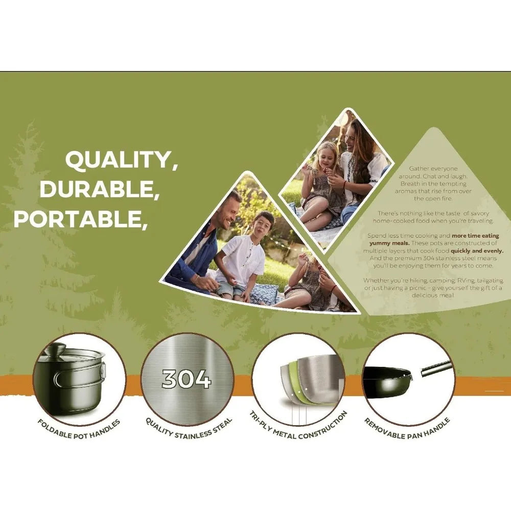 Camping Cookware 304 stainless steel 8-piece pot and pan kit | Skillet steamer,travel bag