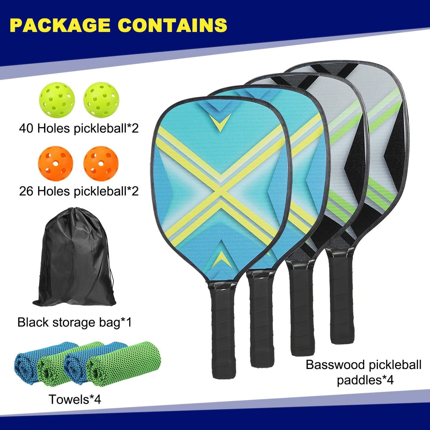 Pickleball Set, 4 Premium Wood Rackets, 4 Balls, 4 Cooling Towels a Carry Bag for Men Women