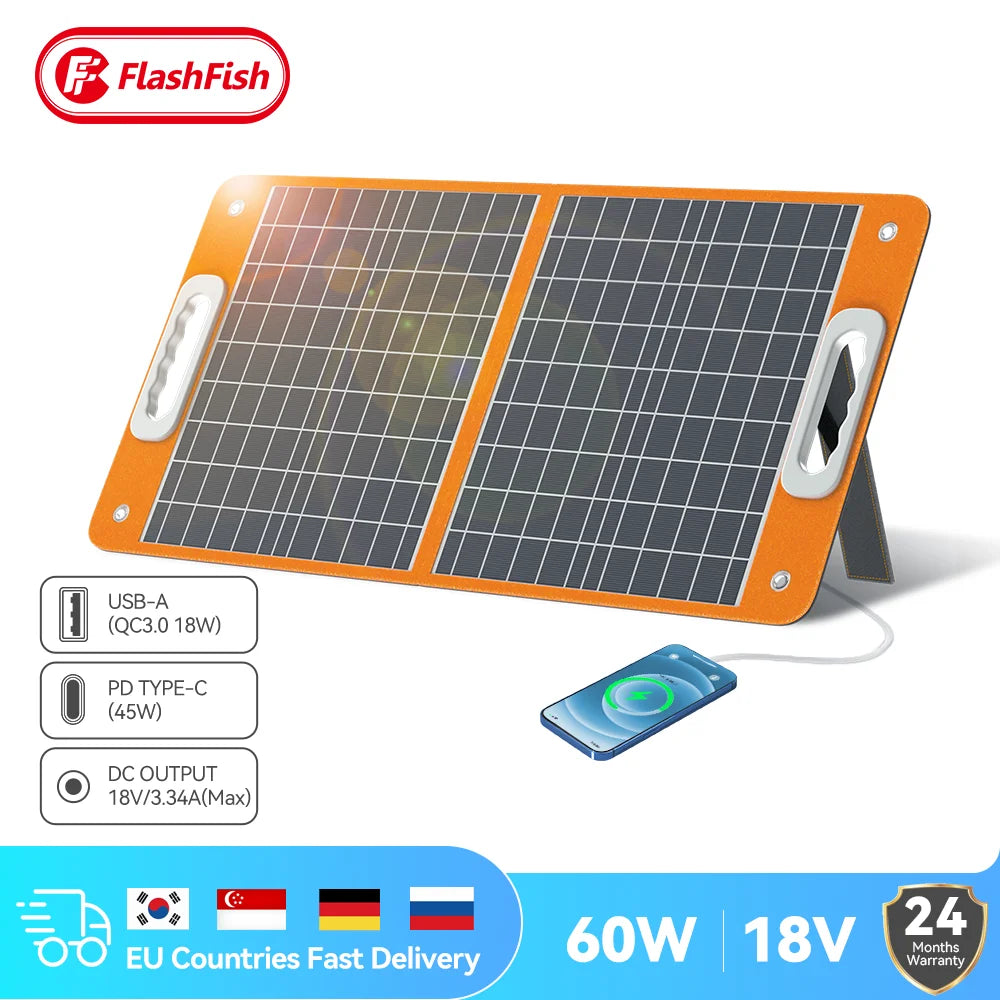 Portable Solar Panel 60W 18V Solar Charger Foldable Battery DC Output PD Type-c for Solar Gener