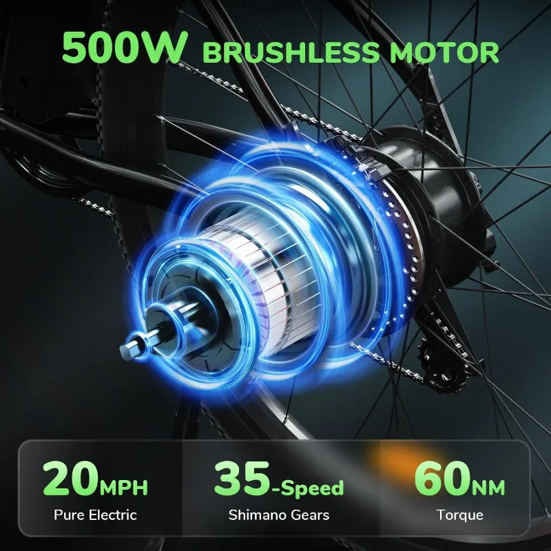 M10 Electric Bike Adult 500W, 26" Commuting, 20MPH Max Range 55+ Miles, Removable Battery