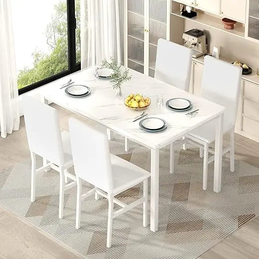 7 Piece Dining Table Set for 6, Faux Marble, 6-Chairs , Modern indoor table Set fits Small Space