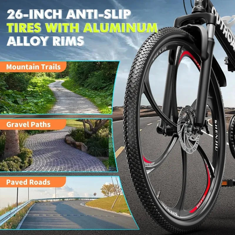 26 Inch Folding Mountain Bike, 21 Speed Full Suspension, High-Carbon Steel, Dual Disc Brake Non-Slip