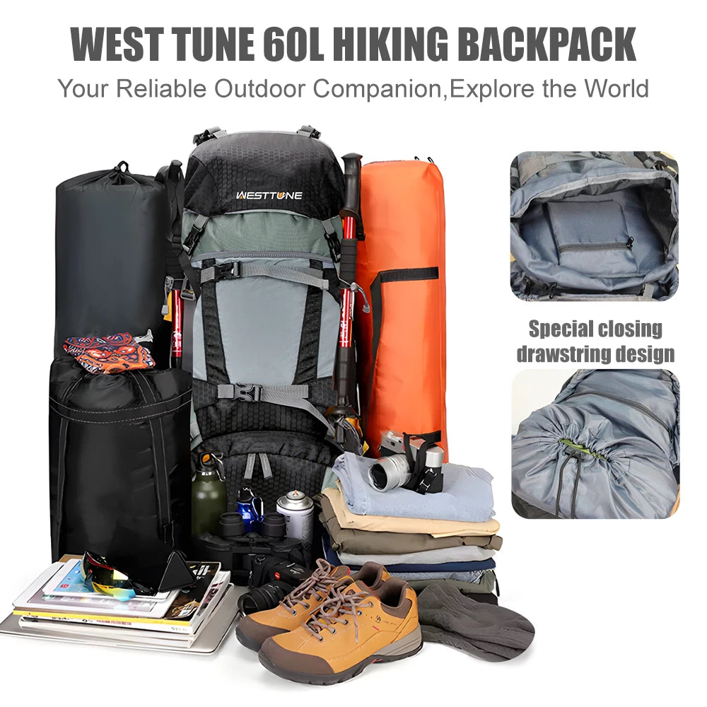 60L Explorer Internal Frame Backpack, Rain Cover Outdoor for Hiking Camping Backpacking Travel