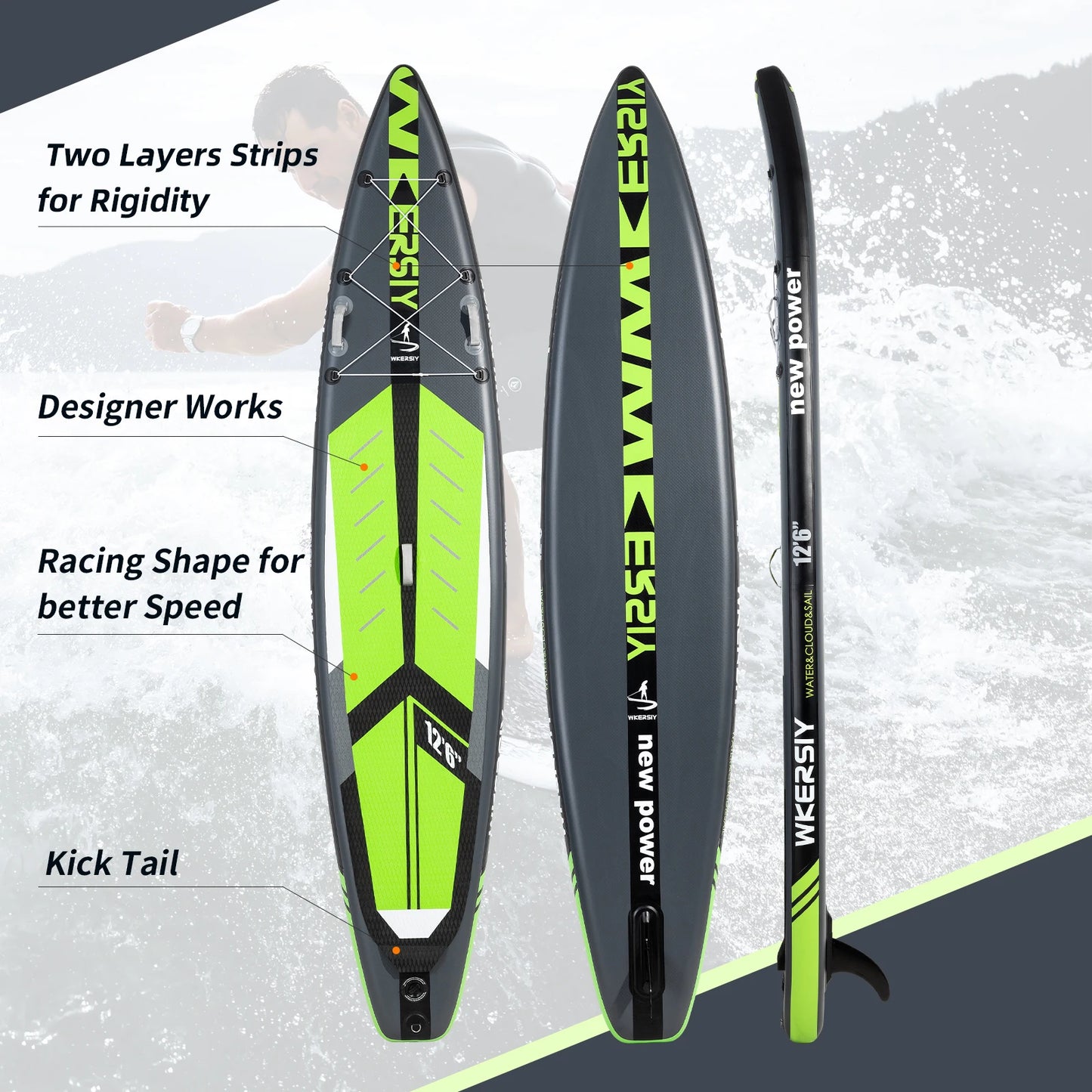 12'6 SUP inflatable paddle board 30" width for racing paddling solo stand up paddle board