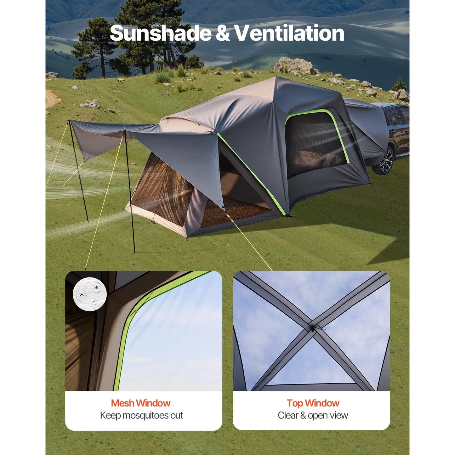 SUV Tent, Camping Waterproof PU2000mm Spacious Double Layer Design , Shade Awning , Mesh Windows