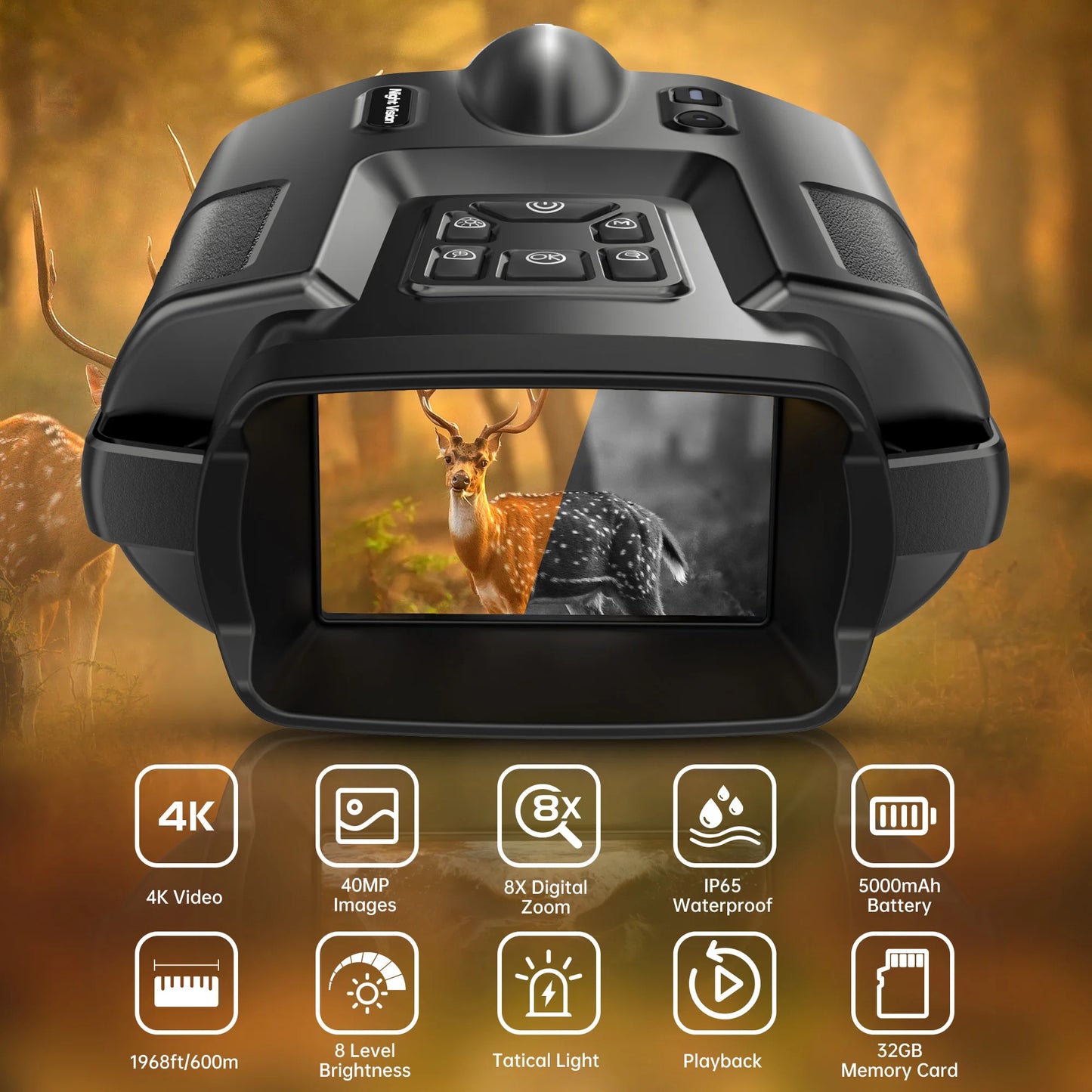 Night Vision Binoculars 4K Infrared 5000mAH Rechargeable 8X Digital Zoom 600 Meters Hunting