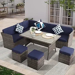 7 Piece Patio Set, Outdoor PE Wicker Rattan, Dining Table, Chairs Set, Patio Conversation Sofa patio