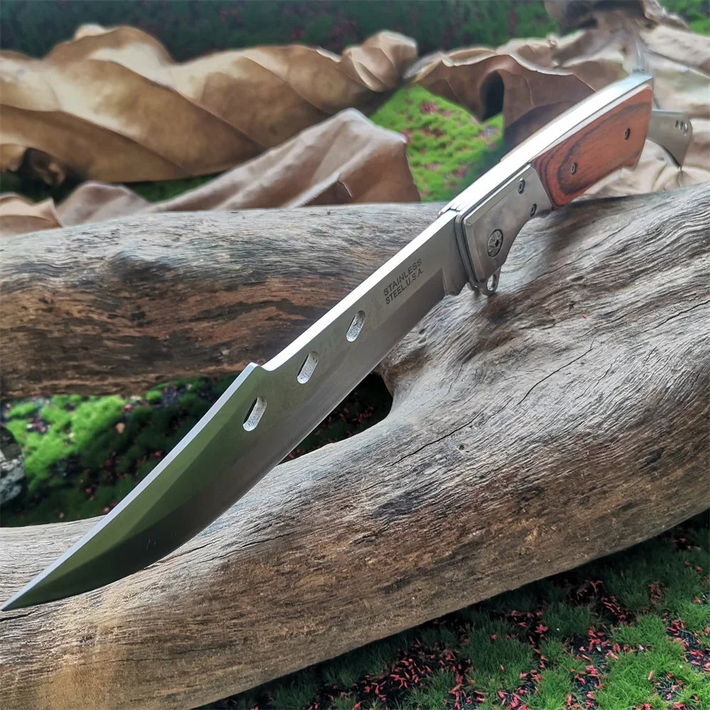 Heavy-Duty 8CR15MOV Folding Knife, Wood Handle: Tactical Tool, Outdoor Hunting, Camping & EDC