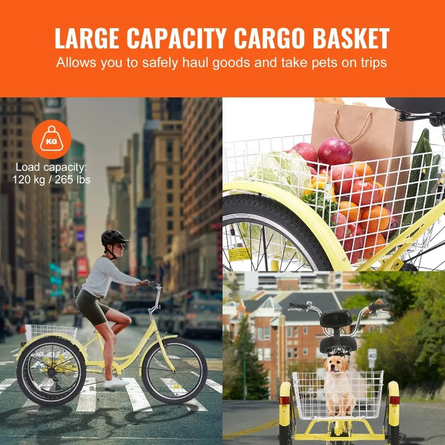 Adult Tricycles Bike 7 Speed Adult 26 Inch ThreeWheeled Carbon Steel , Basket and Adjustable Seat