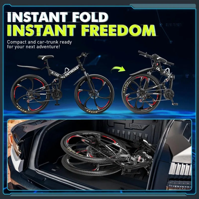 26 Inch Folding Mountain Bike, 21 Speed Full Suspension, High-Carbon Steel, Dual Disc Brake Non-Slip