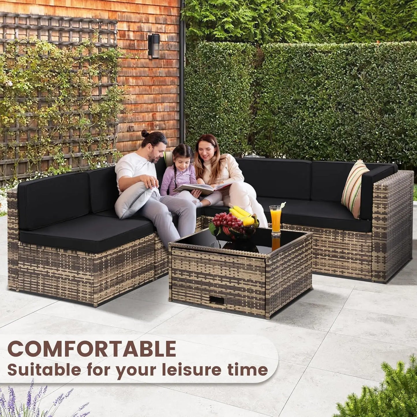 8 Pieces Outdoor Wicker Rattan Set, Glass Top Table with Hidden Storage, 7 Sofa Sections.