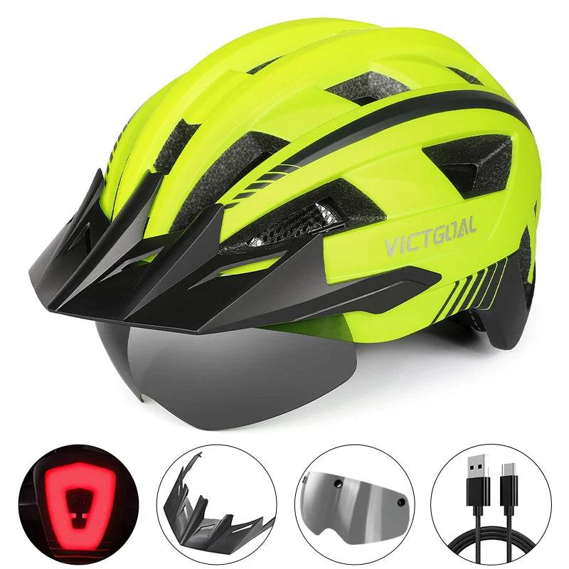 Safety Helmet,Men Women Visor Goggles LED Rear Light,Mountain,Bicycle Racing Cycling Helmets
