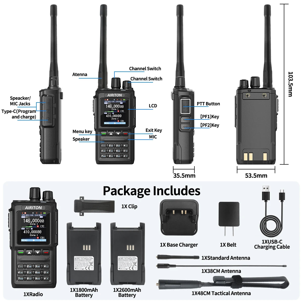 DM-168 Walkie Talkie AES256 Encryption DMR Digital/ Analog Dual Band FM, AT-D168UV USB-C charging