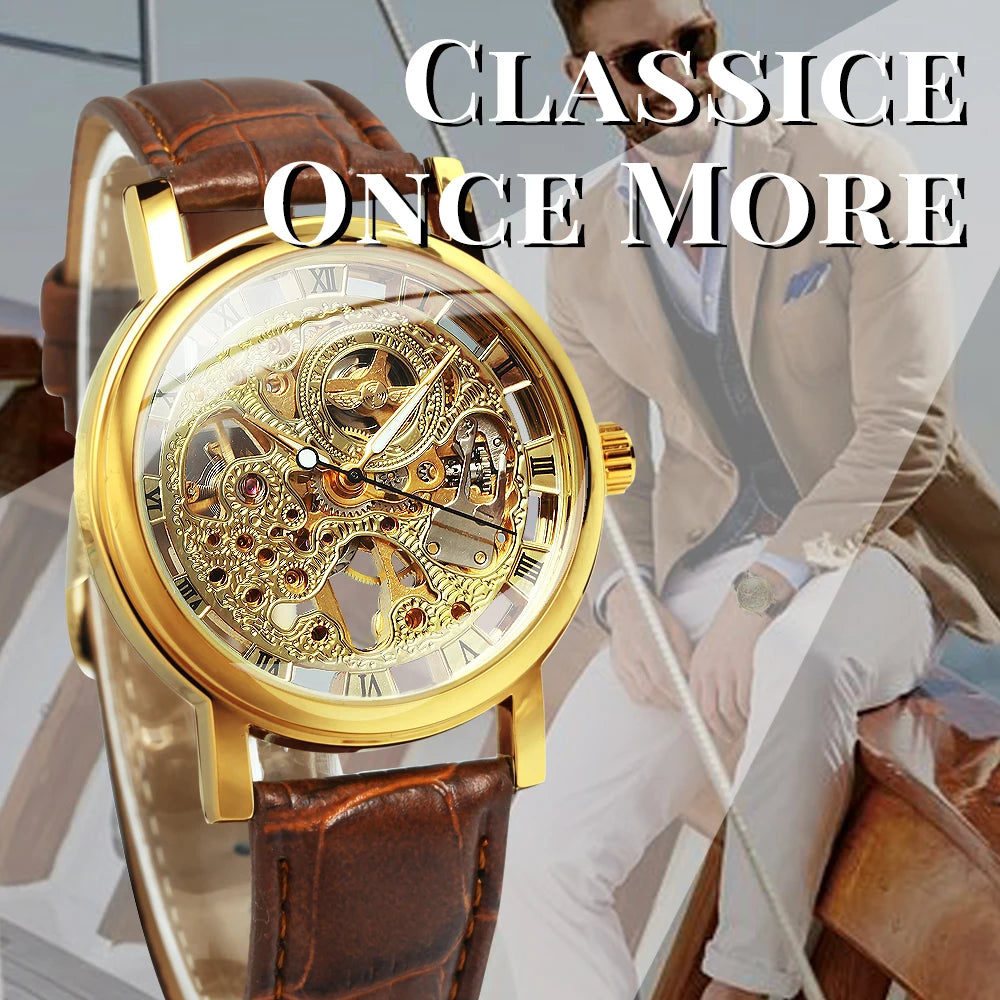 WINNER Classic Skeleton Mechanical Watch Luminous Hands Leather Strap Top Brand Luxury Wristwatch