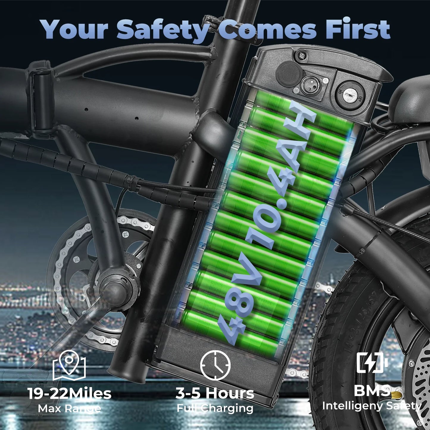 Adult/adolescent folding E-Bike, 14 inch 500W 24MPH 48V 10Ah battery, 3-level pedal assist, foldable