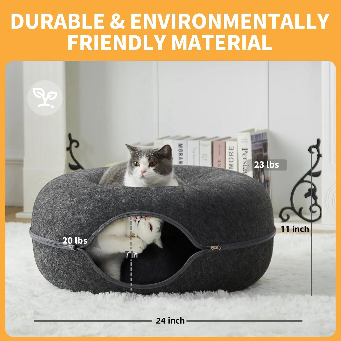 24"Large Donut Cat Bed Peekaboo Cat Cave for Multiple Cats Up to 30 Lbs, Washable Wool Felt Tunne