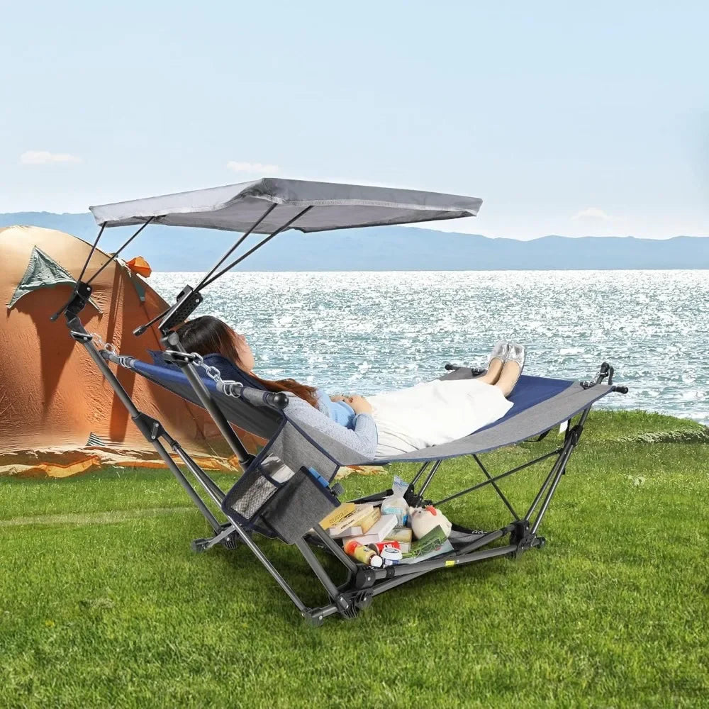 Folding Hammock, Removable Canopy,Pillow, Freestanding, Collapsible Stand for Outdoor Yard Beach