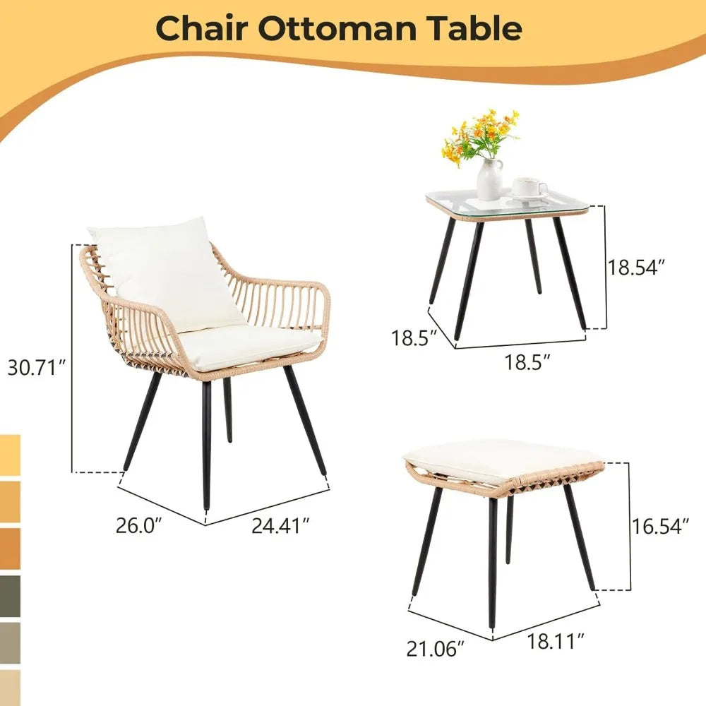 5 Piece Patio Bistro Set, Ottoman, Outdoor Wicker Balcony Rattan Table and Chairs Set of 2