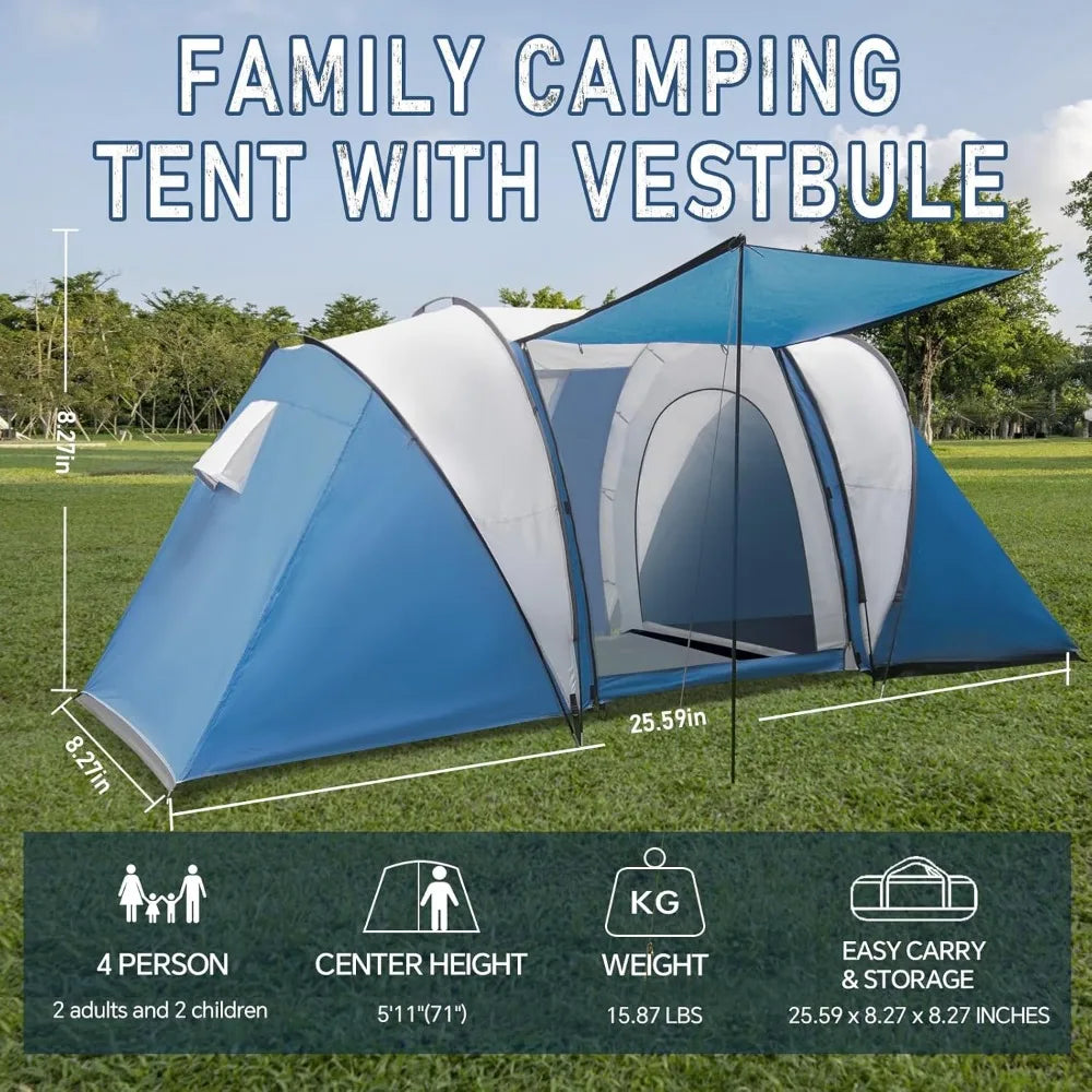 Family-Sized Weatherproof Camping Tent, Porch, Rainfly, 2-Room Easy Setup , Outdoor Living