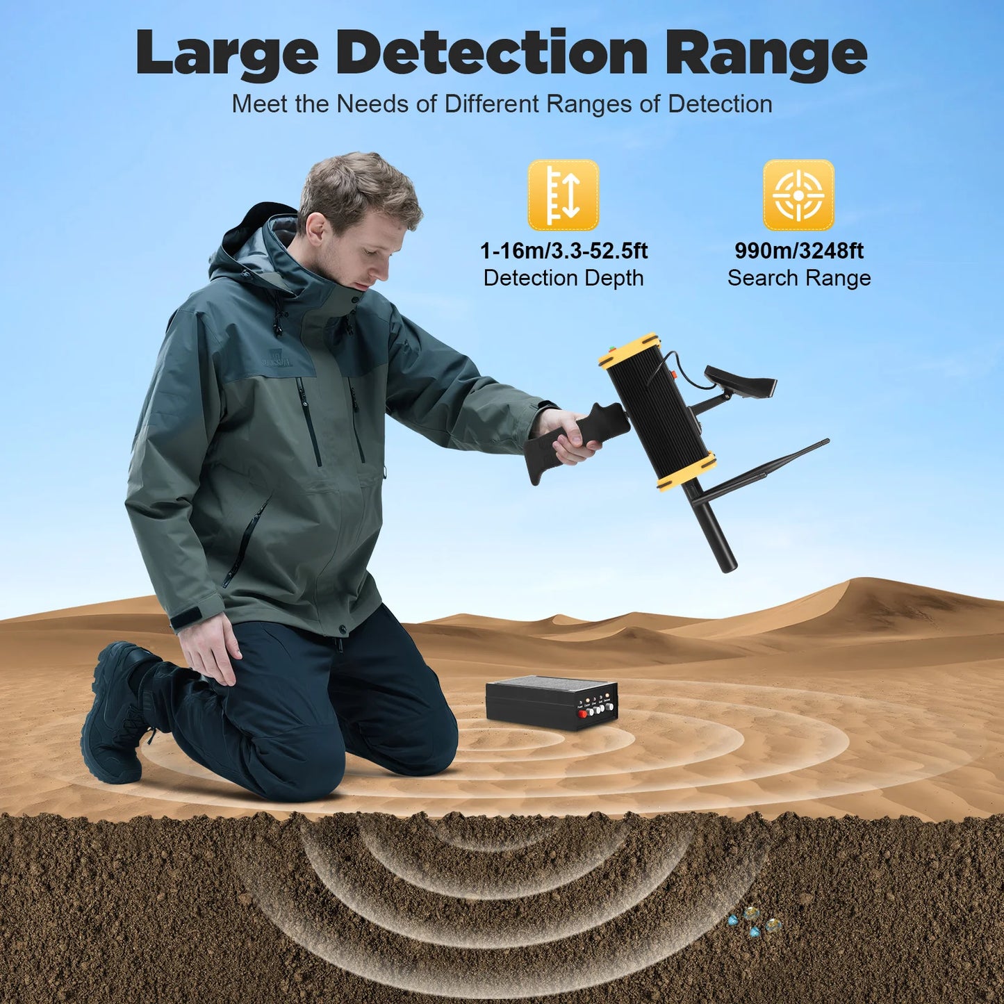 16m Depth 900m Range Metal,Gold Finder Undergrnd,W/ High Definition LCD Display,Auto Rotation Search