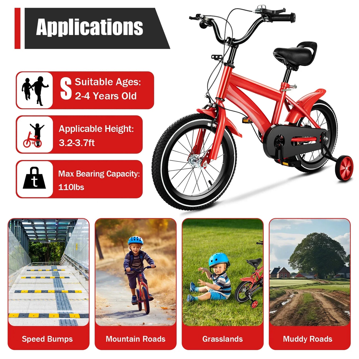 14 Inch Red Modern Children Bicycle with Adjustable 2 Training Wheels 110lbs Children's Exercise Bicycle for Boys and Girls