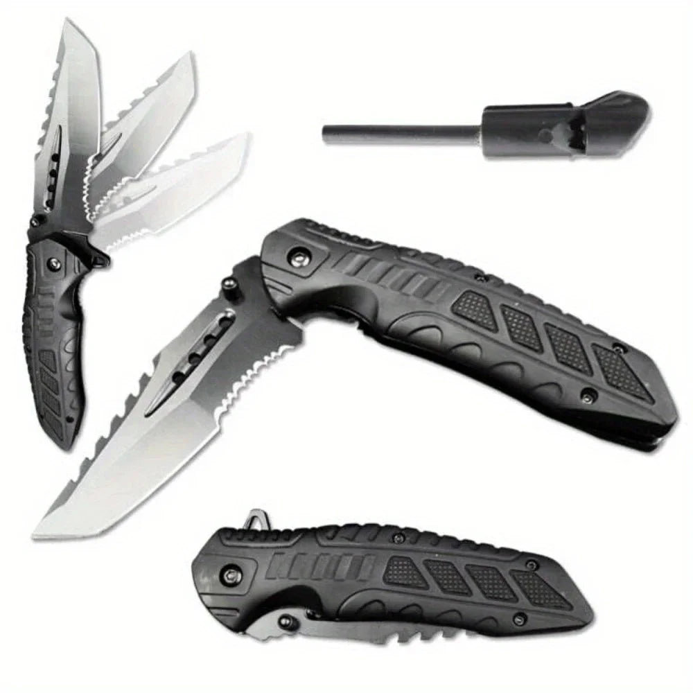 Tactical Folding Knife, Serrated Blade, Glass Breaker & Bottle Opener, EDC Outdoor Survival Camping