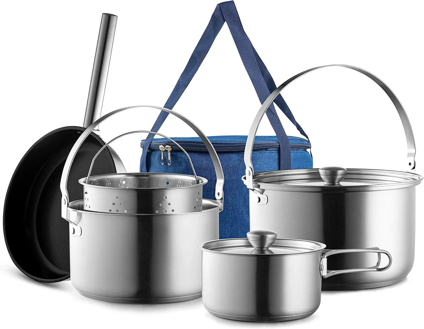 Camping Cookware 304 stainless steel 8-piece pot and pan kit | Skillet steamer,travel bag