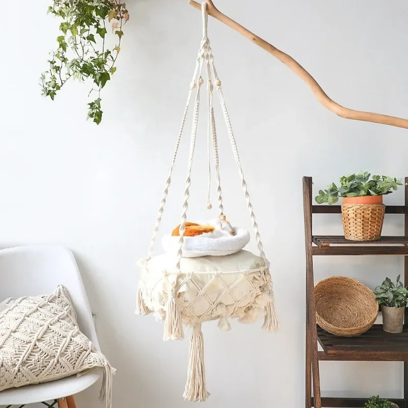 New Pet Hammock Cat Swing Hand Woven Cotton Rope Cats Hanging Basket Indoor Nest