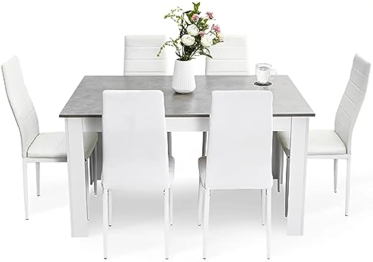 7 Pieces dining/Kitchen Table Set with High Back Faux Leather Chair,Dining Room Kitchen Rectangular