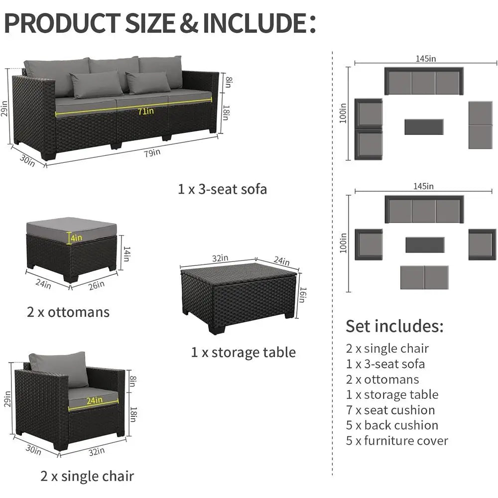 6-Piece Outdoor Wicker Patio Furniture Set with Grey Cushions
