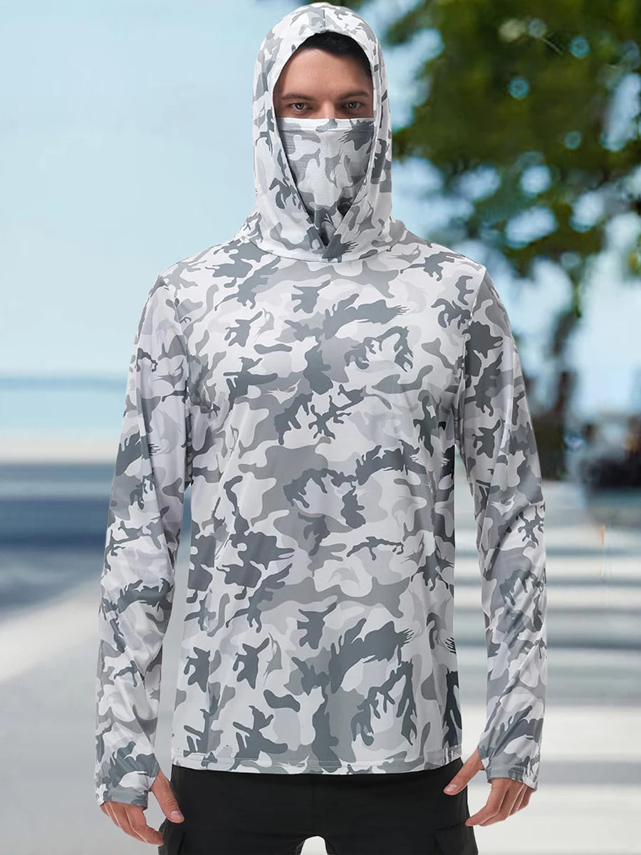 Men s Fishing Shirt Camo Print Hoodie, Built-in Face Mask Sun Protection, Hiking and Running