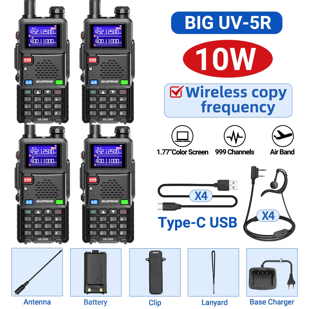 2PCS AR-5RM Multi Band Walkie Talkie,10W Wireless Copy Frequency 999CH 2500mAh UV-5RH Long Range Ham