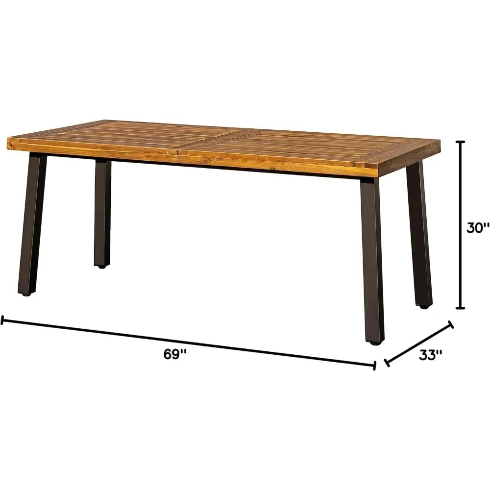 Acacia Wood Dining Table 6-Person Indoor Outdoor Table,Iron Legs, Sandblast Finish, Natural Stained