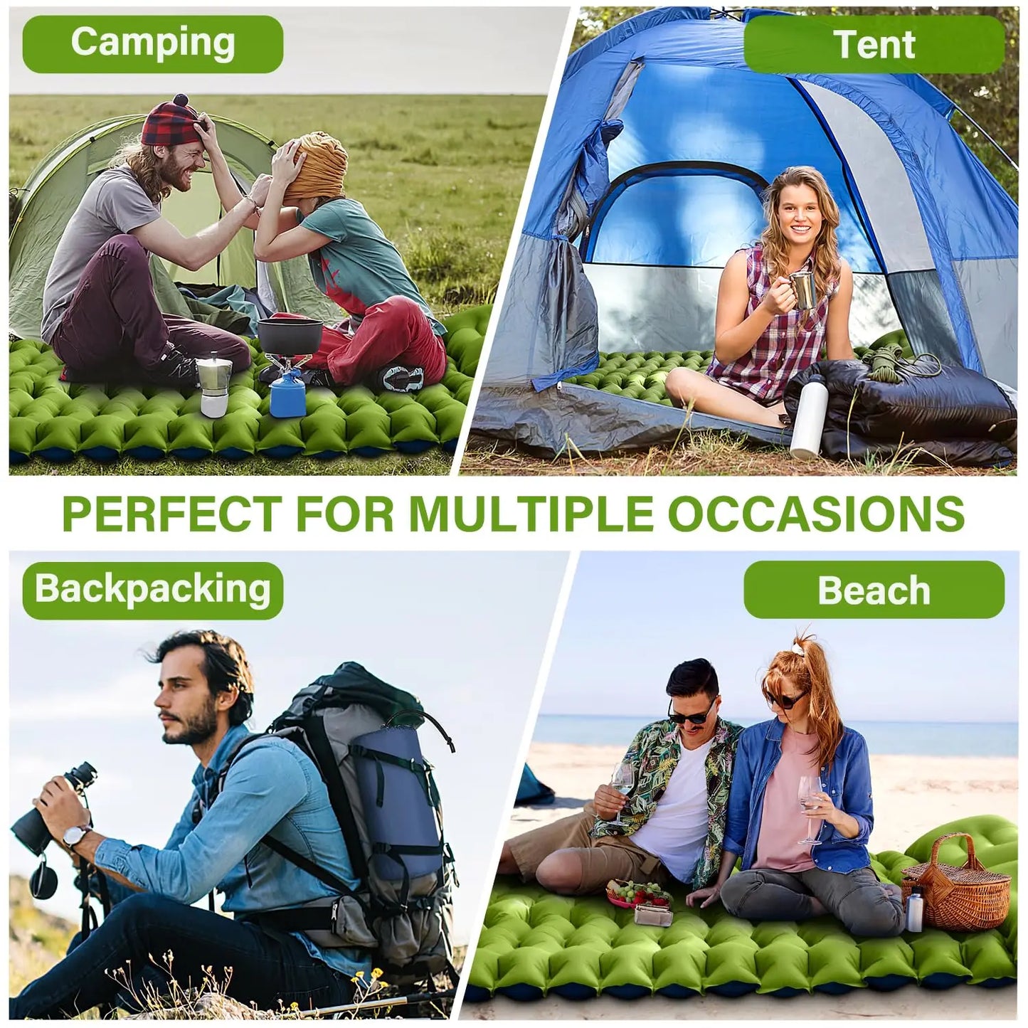 Double Sleeping Pad 4" Thick for 2 Person, Pillow Built-in Foot Pump Inflatable Backpacking Hiking