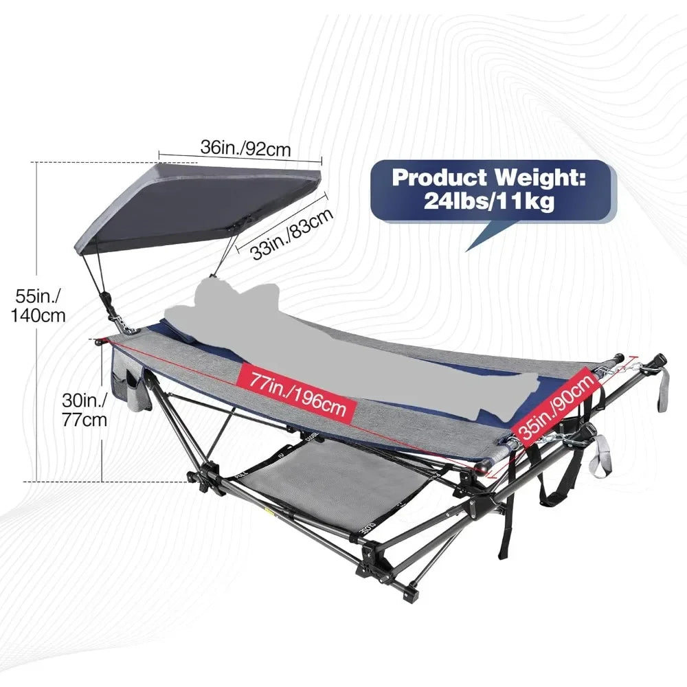 Folding Hammock, Removable Canopy,Pillow, Freestanding, Collapsible Stand for Outdoor Yard Beach