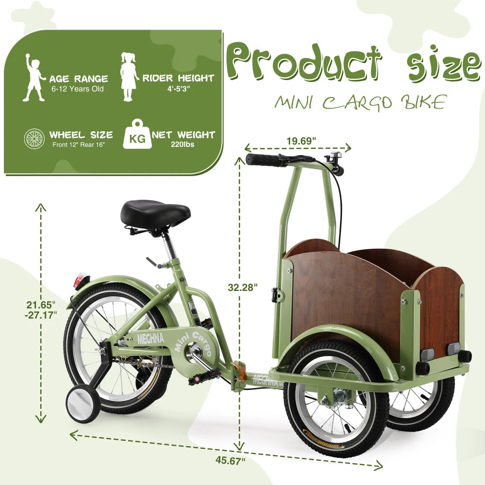 Foldable Tricycle for Kids Ages 6-12 Cargo Bike Pet Bike Reverse Tricycle Parent-Child Bike