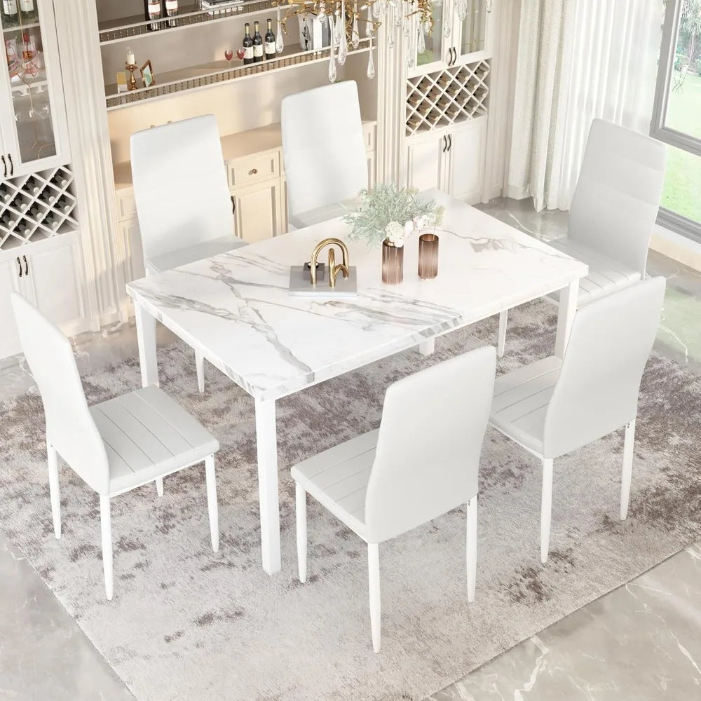 7 Piece Dining Table Set for 6, Faux Marble, 6-Chairs , Modern indoor table Set fits Small Space