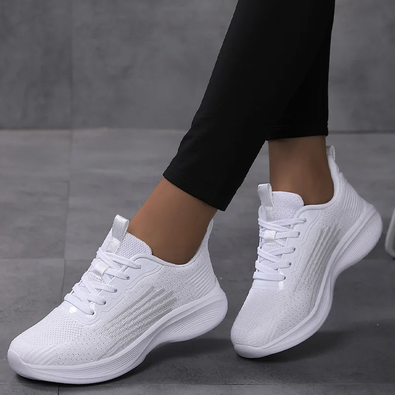 Women Lightweight Sneakers, Running Sport, Female Mesh Breathable,Train, White Flat Walking Shoes