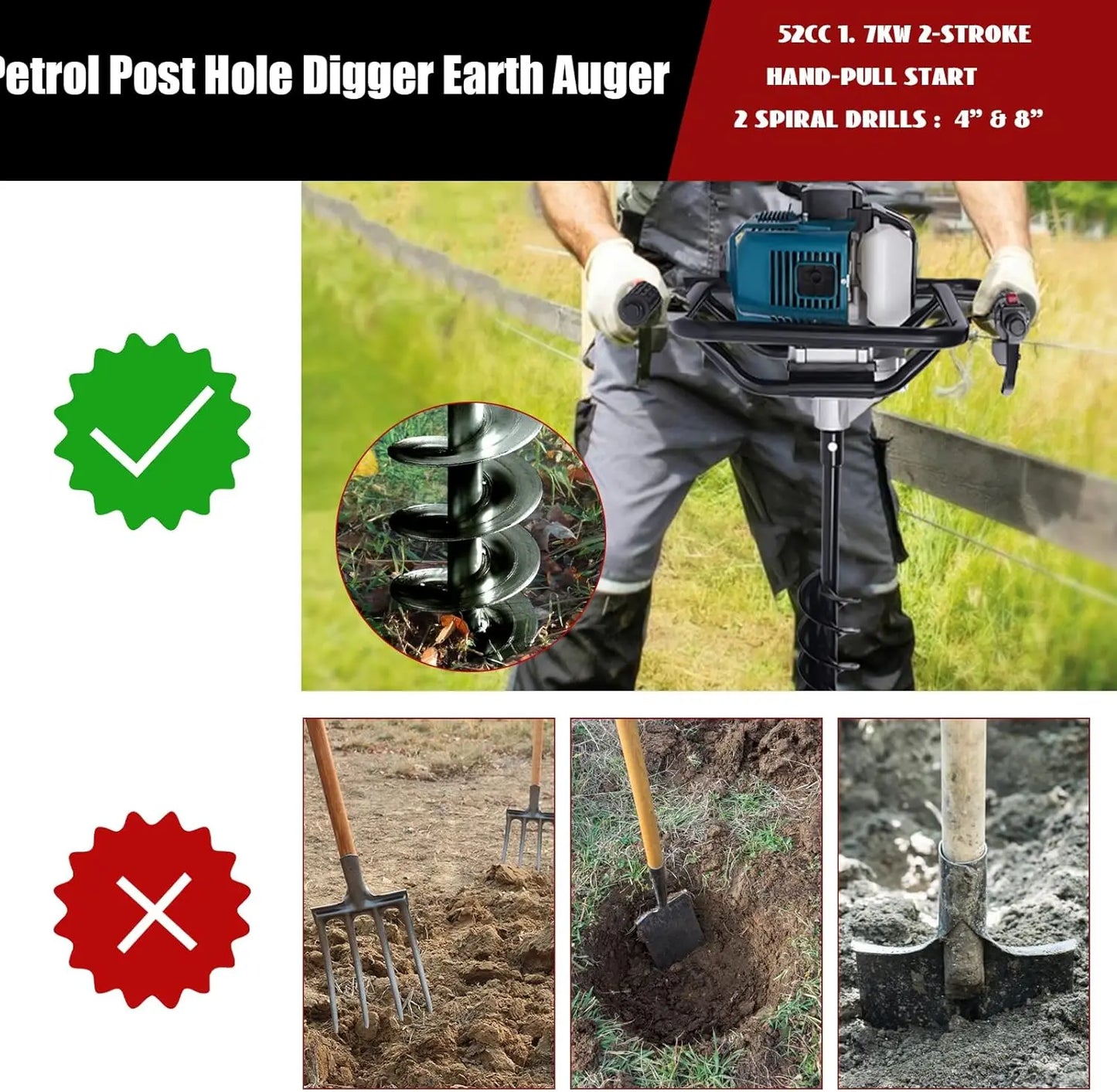52CC Post Hole Digger 2-Stroke 2.3HP 1.7KW Gas Hole Digger,Earth Auger, 2 Drill Bits (4" & 8")